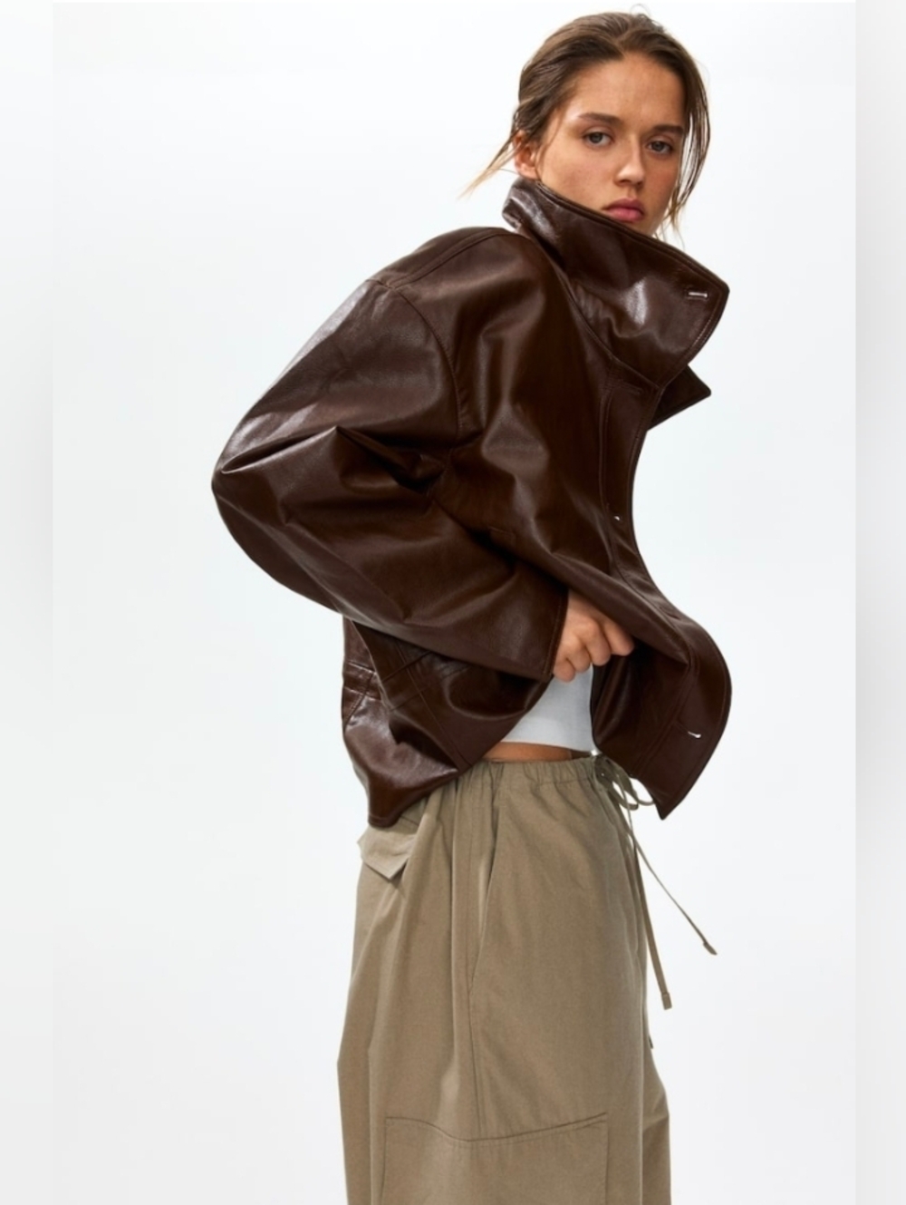 H&M Brown Faux Leather Button-Front Women's Jacket - Picture 6 of 14